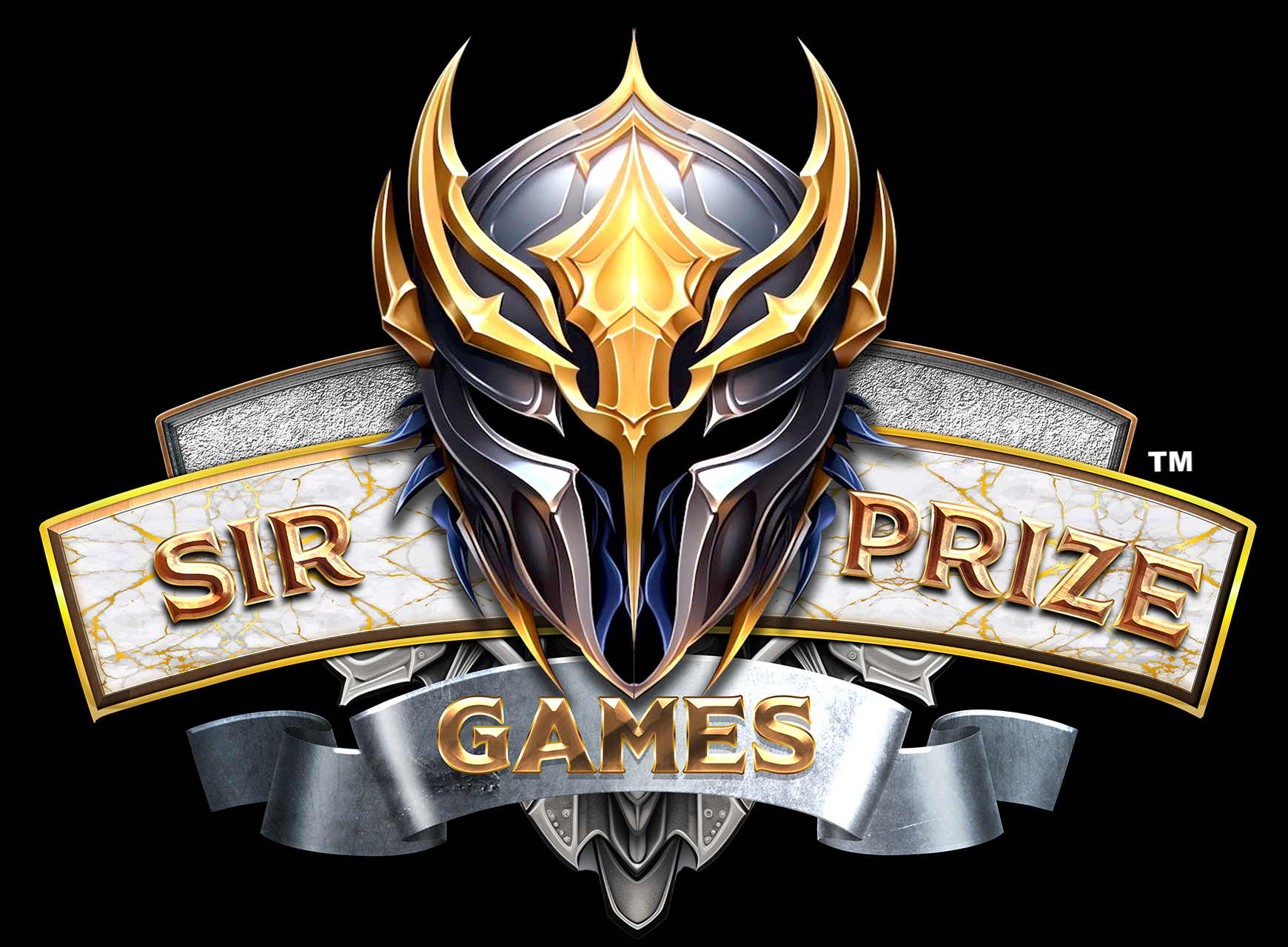 Sir Prize Games Logo featuring a gold and silver armored helmet above a white marble banner with gold veining.